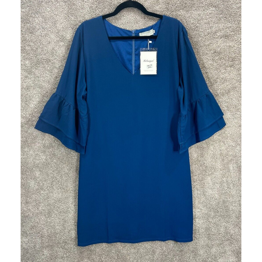 Belongsci Dress 2XL Knee Length Blue V Neck Bell Sleeve Shift Back Zi Career NWT